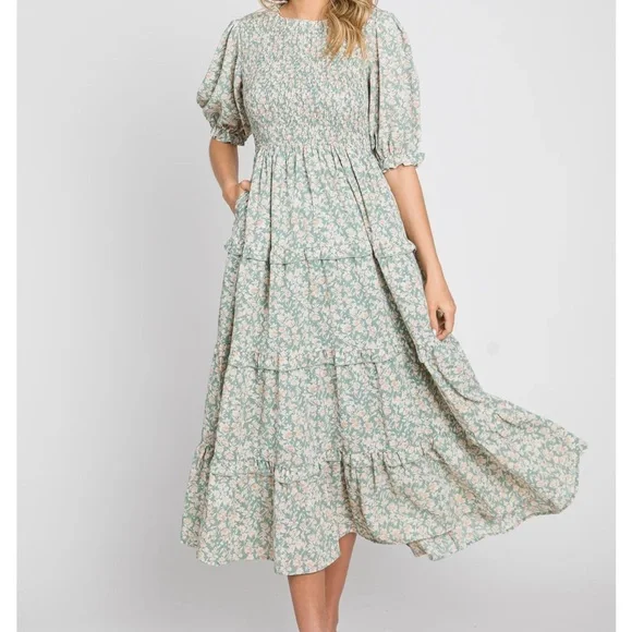 Polagram Dress Floral Green Maxi Smocked Bodice Three Tiered RuffleS Size M - Picture 7 of 15